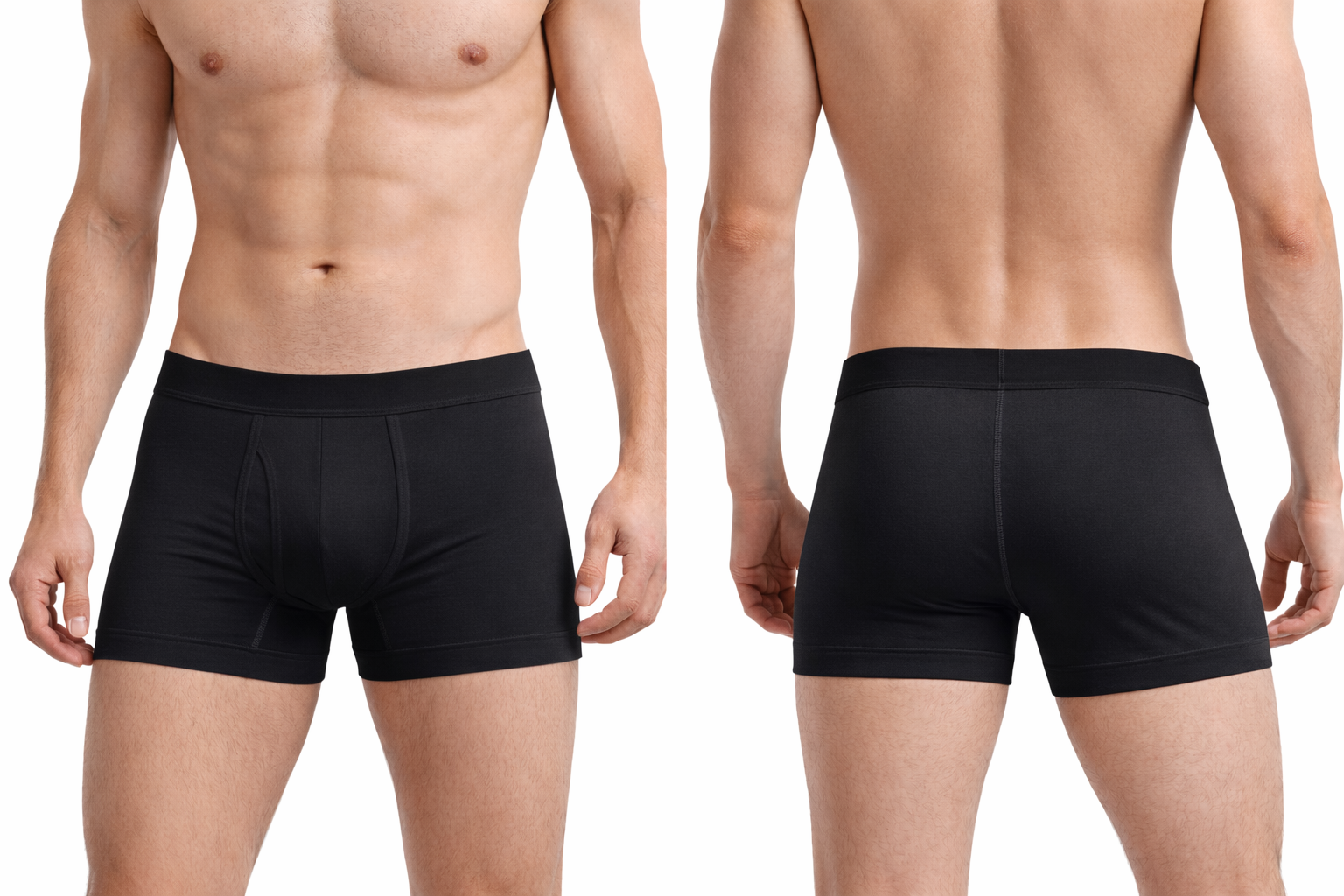 schwarze Boxer Briefs in Vorder- und Rückansicht am Modell