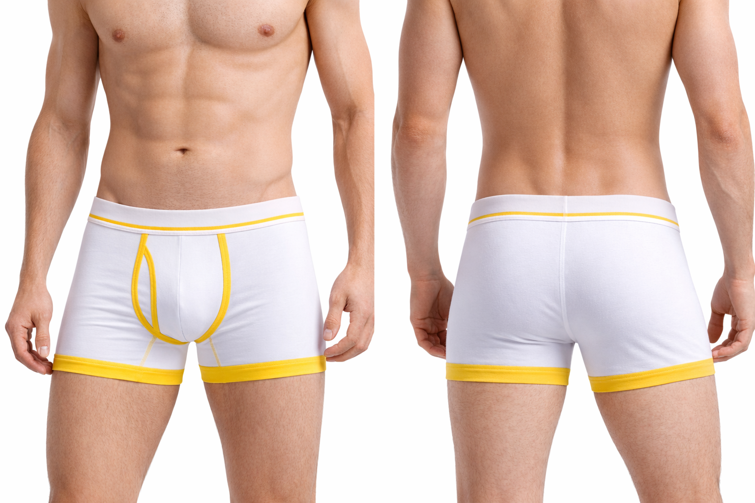 weiss-gelbe Boxer Briefs in Vorder- und Rückansicht am Modell