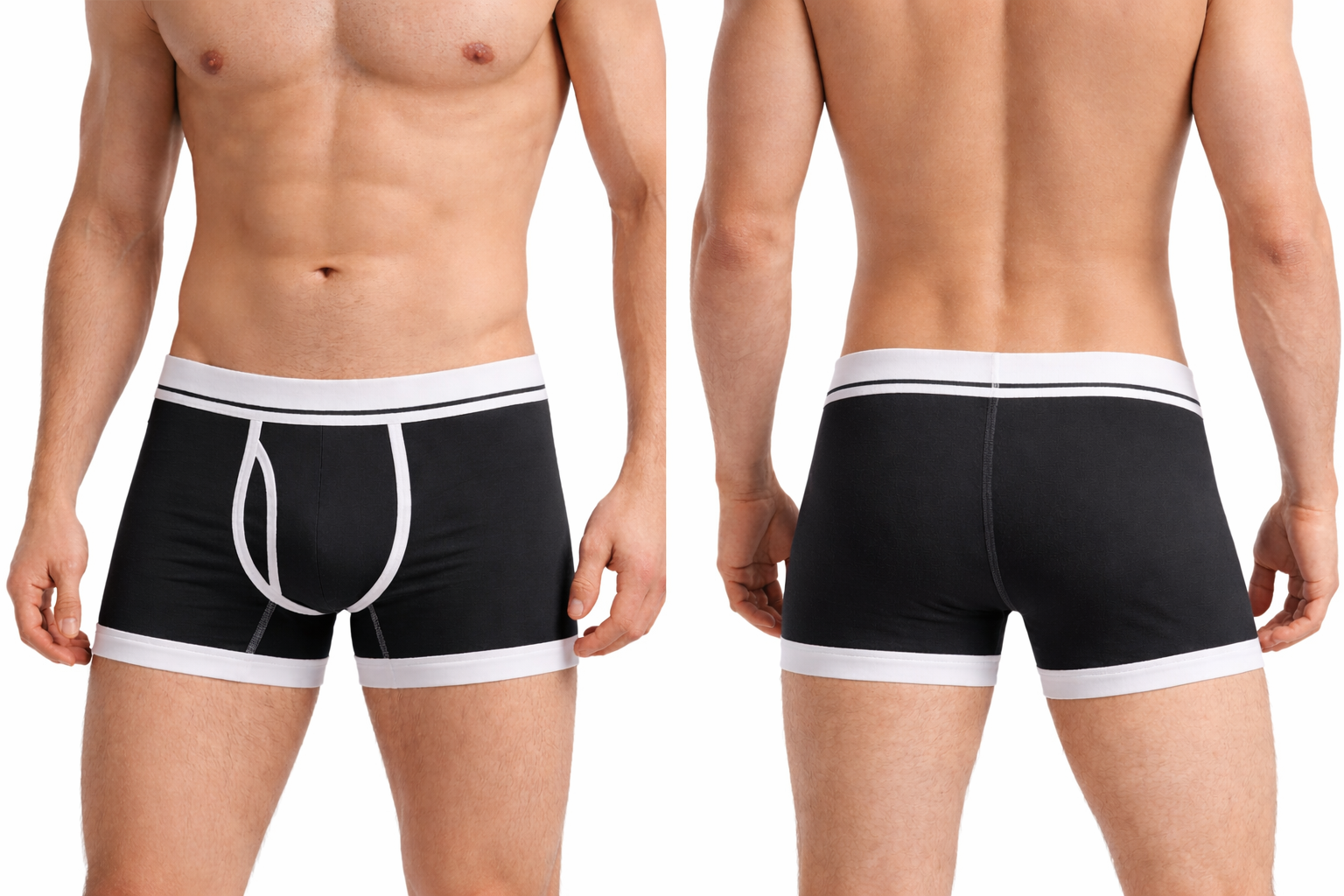 schwarz-weisse Boxer Briefs in Vorder- und Rückansicht am Modell