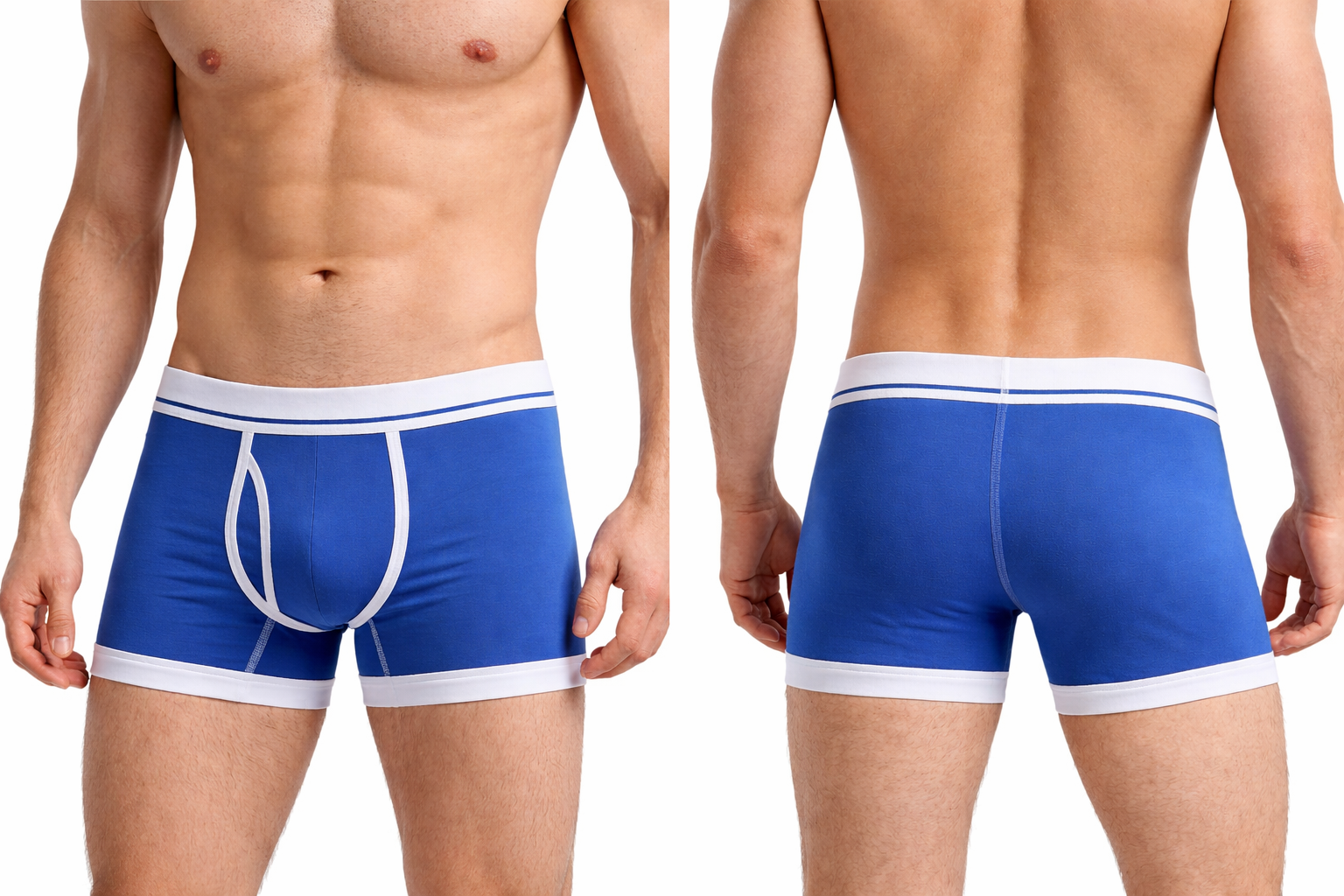 blau-weisse Boxer Briefs in Vorder- und Rückansicht am Modell