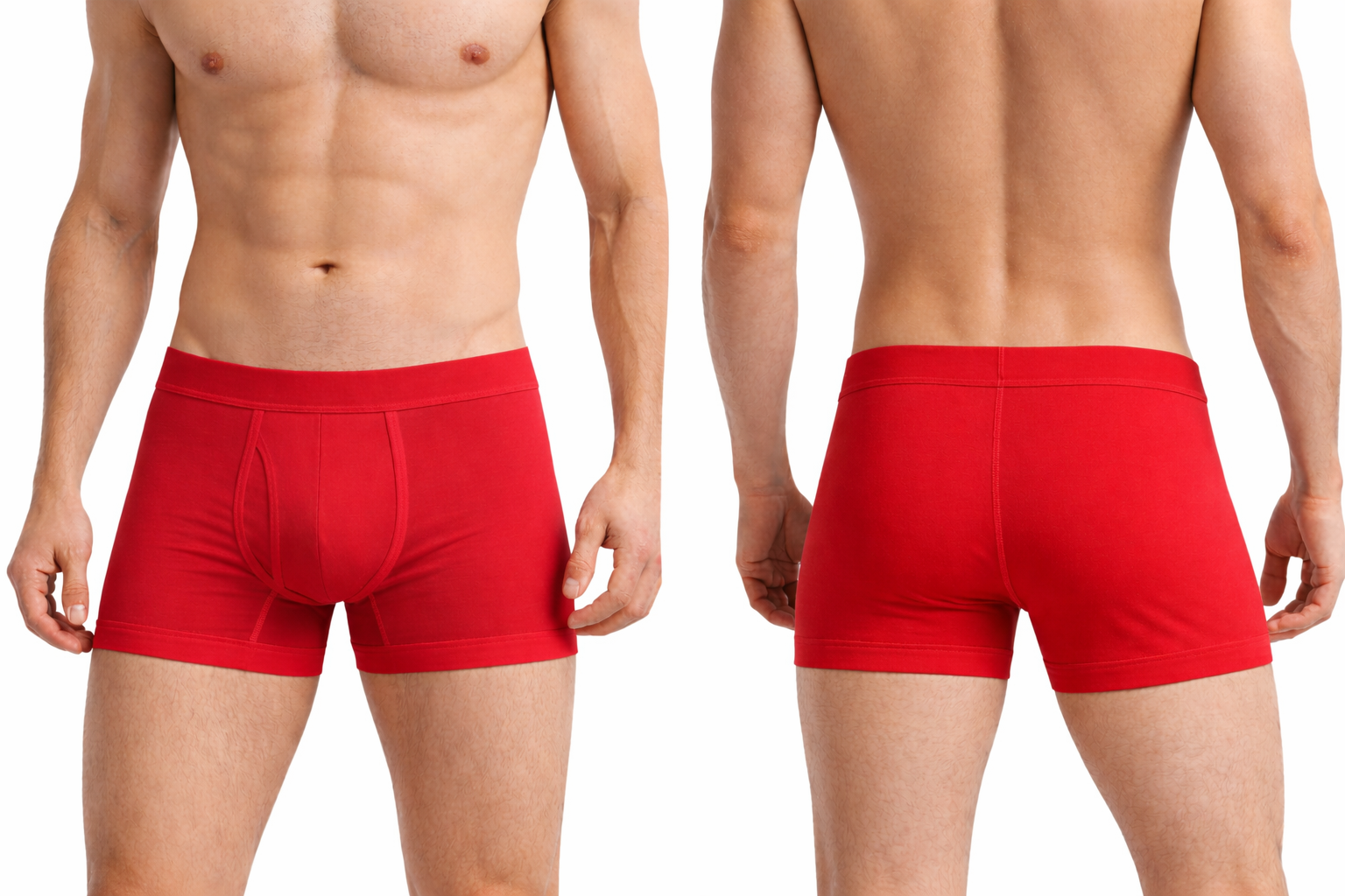 rote Boxer Briefs in Vorder- und Rückansicht am Modell