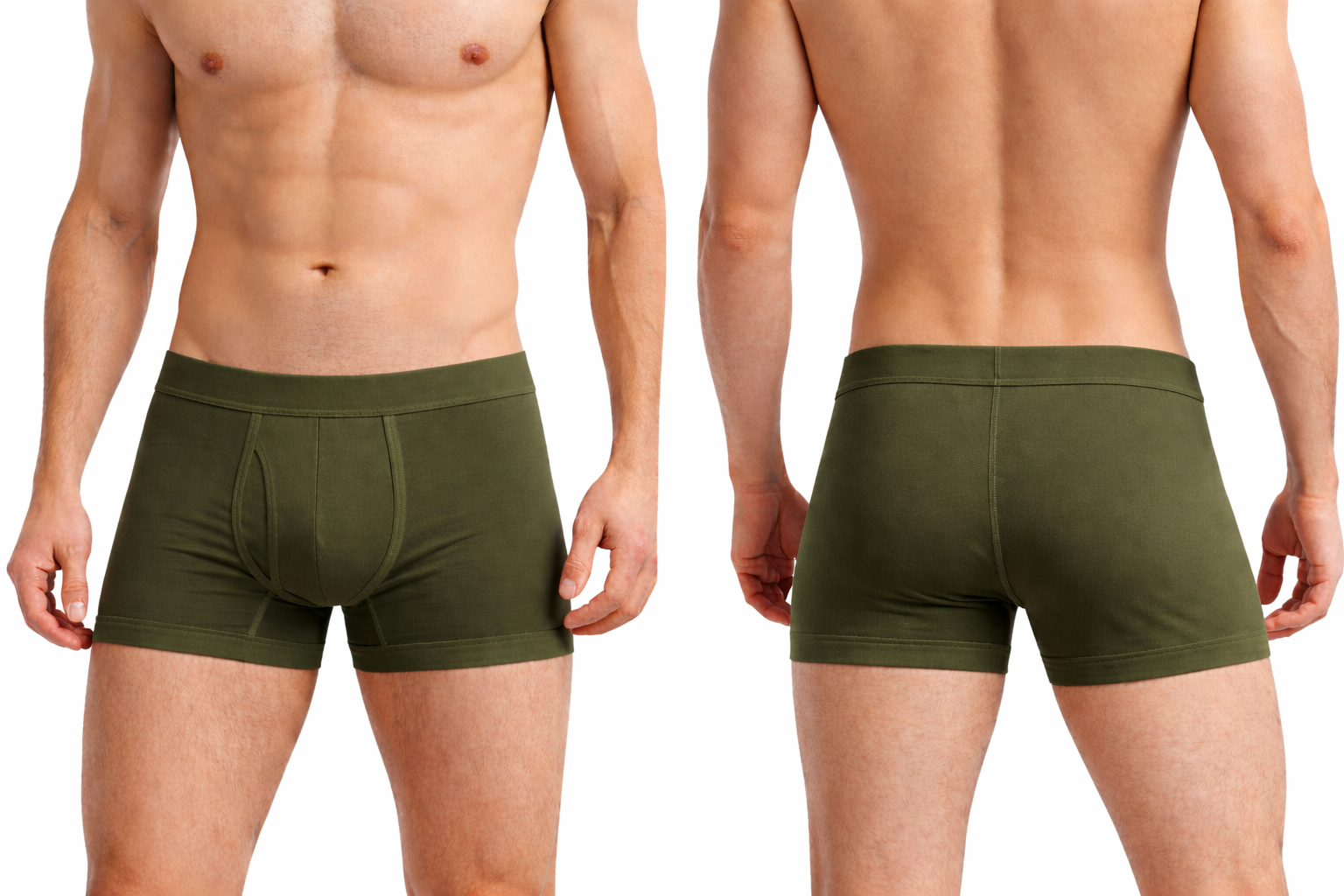 Olivgrüne Boxer Briefs in Vorder- und Rückansicht am Modell