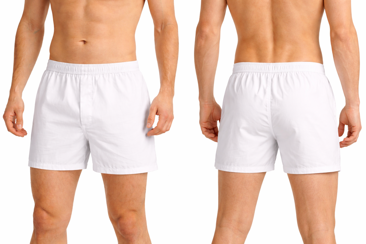 weisse Boxershorts am Modell in Vorder- und Rückansicht