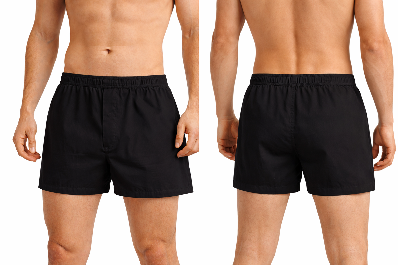schwarze Boxershorts am Modell in Vorder- und Rückansicht