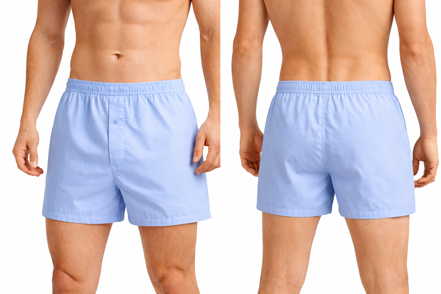 hellblaue Boxershorts am Modell in Vorder- und Rückansicht
