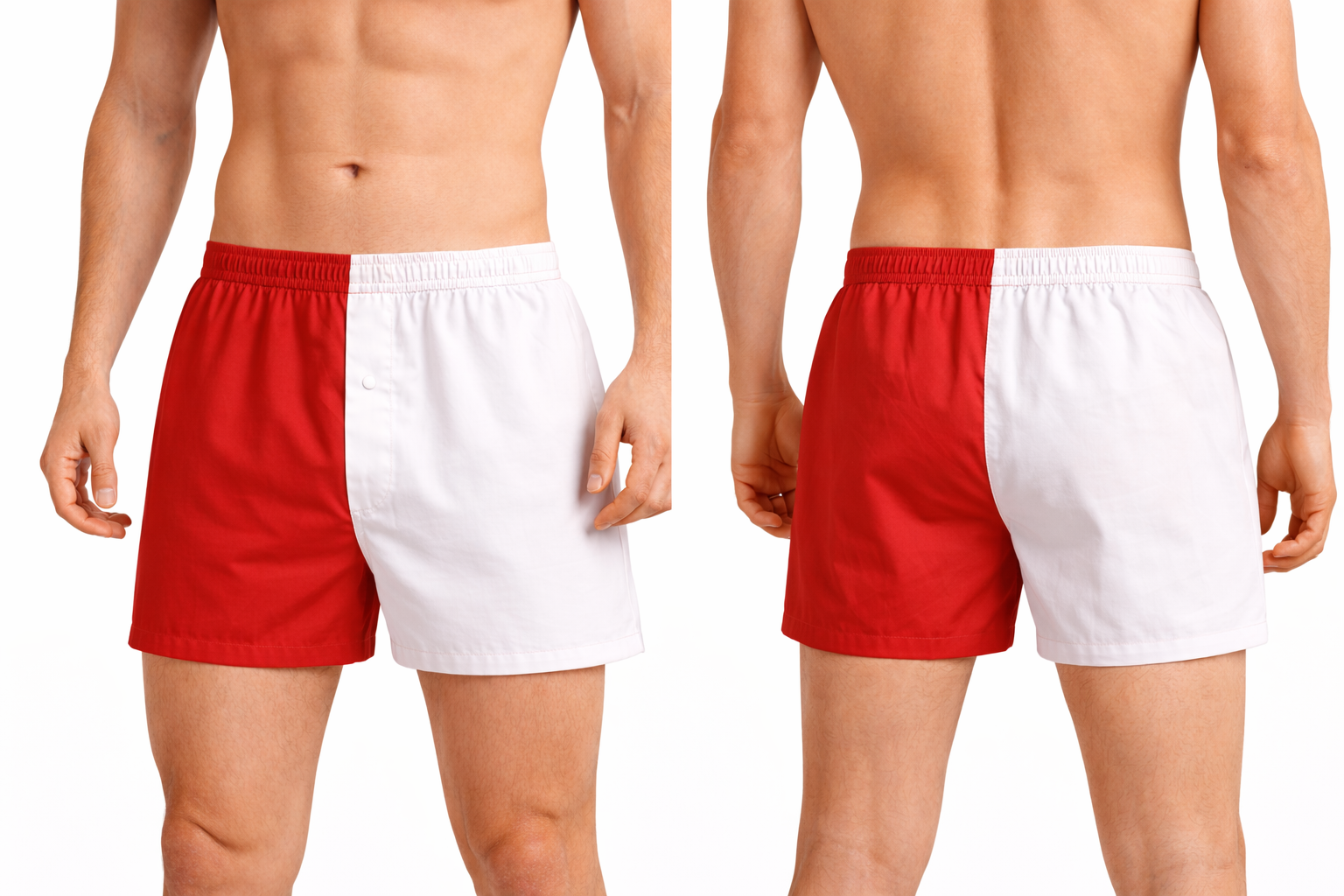 rot-weisse Boxershort am Modell in Vorder- und Rückansicht