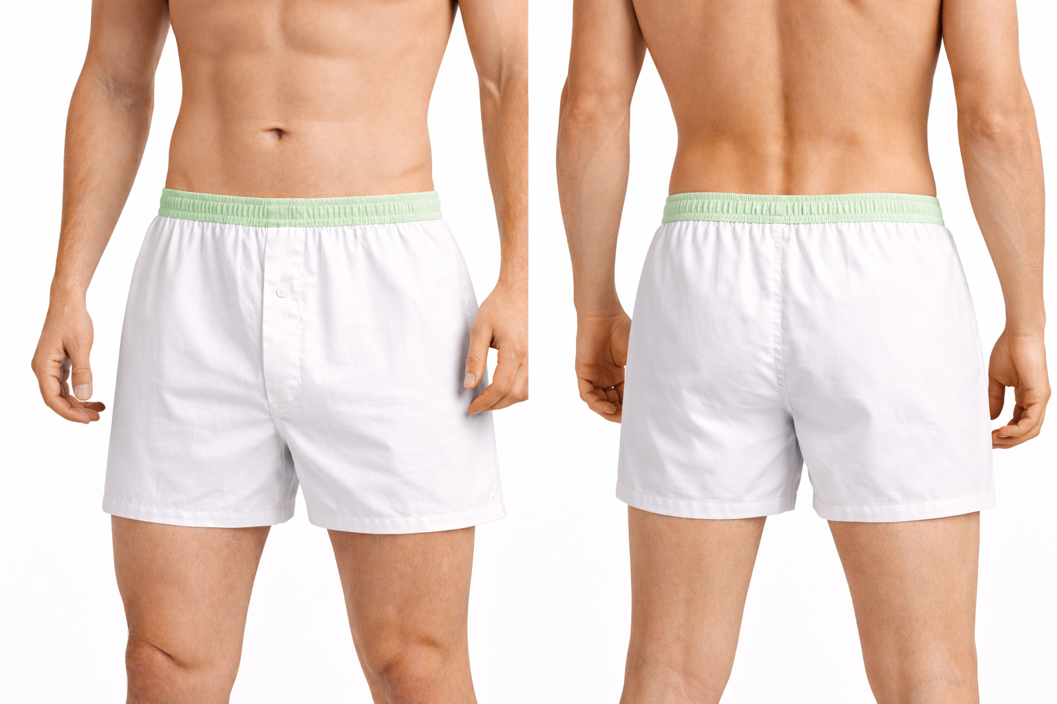 weiss-mintgrüne Boxershort am Modell in Vorder- und Rückansicht