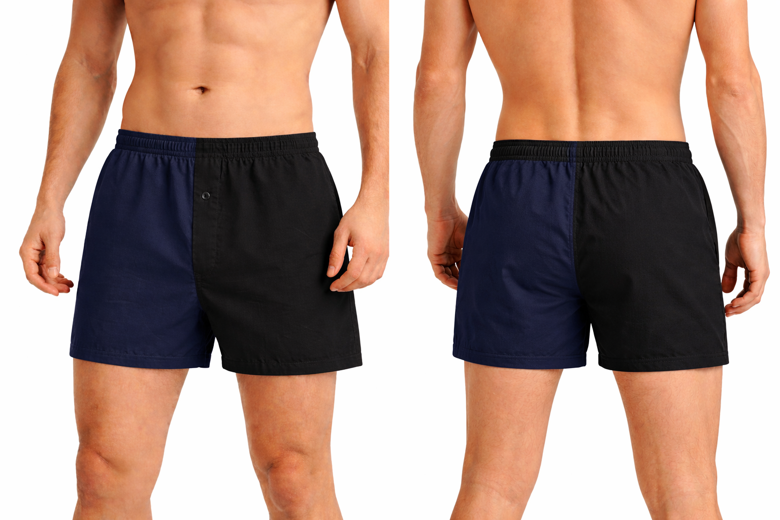 schwarz-dunkelblaue Boxershorts am Modell in Vorder- und Rückseite