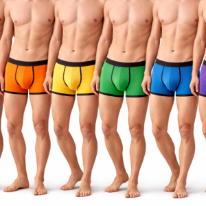 Mehrere Männer in verschiedenfarbigen Boxer-Briefs in Regenbogenfarben