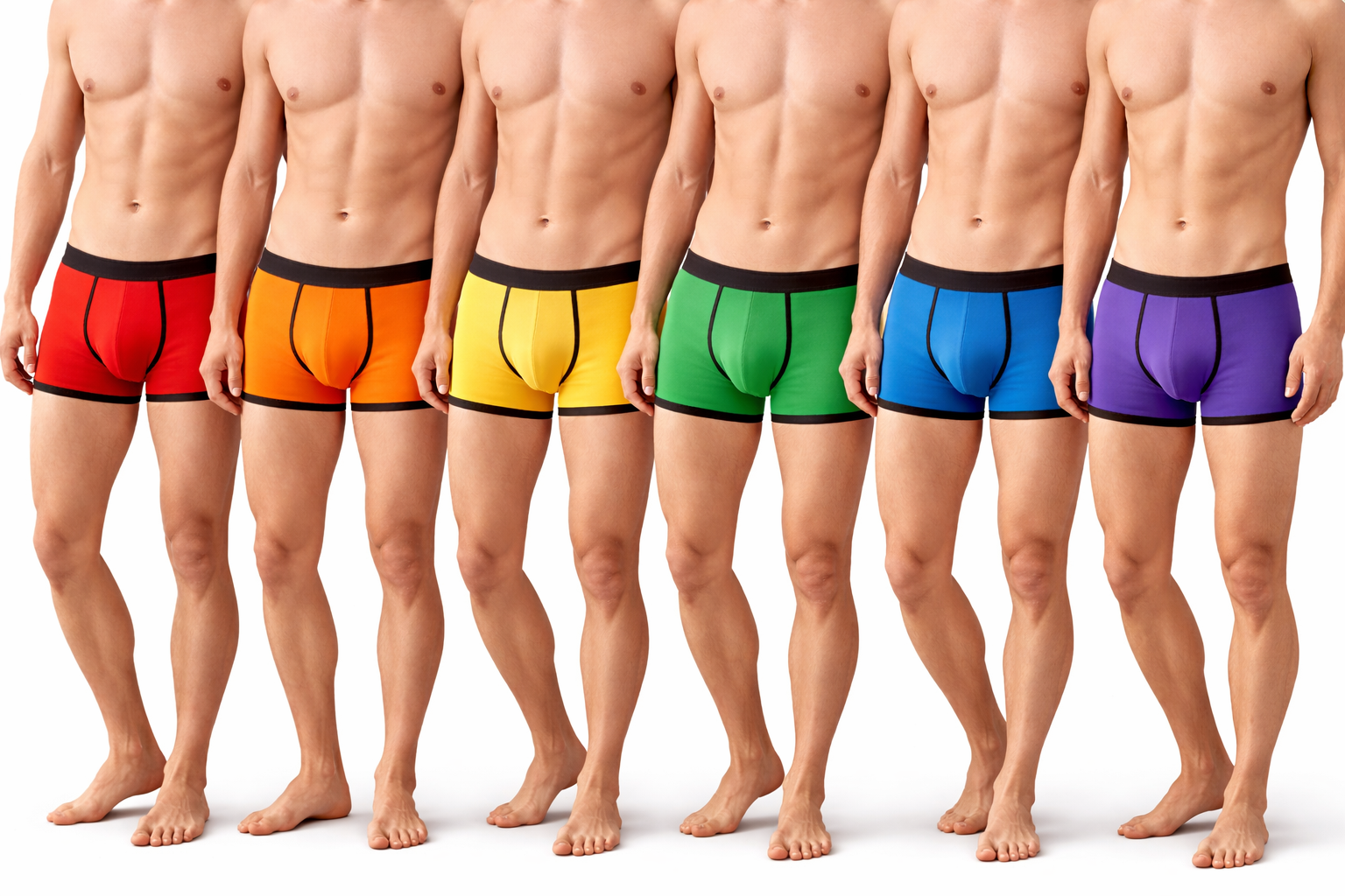 Mehrere Männer in verschiedenfarbigen Boxer-Briefs in Regenbogenfarben