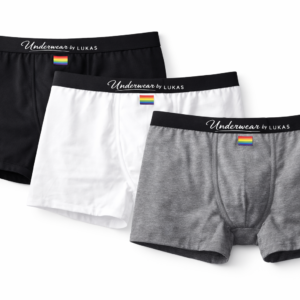 Boxershorts in Schwarz, Weiß und Grau mit schwarzem Bund mit Logo. Kleiner Regenbogen auf der Vorderseite