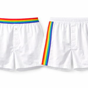 Weiße Boxershorts mit Regenbogenbund und Regenbogen-Seitenstreifen
