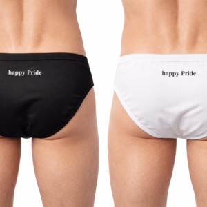 Schwarzer und weißer Slip mit Aufdruck "Happy Pride" in Rückansicht