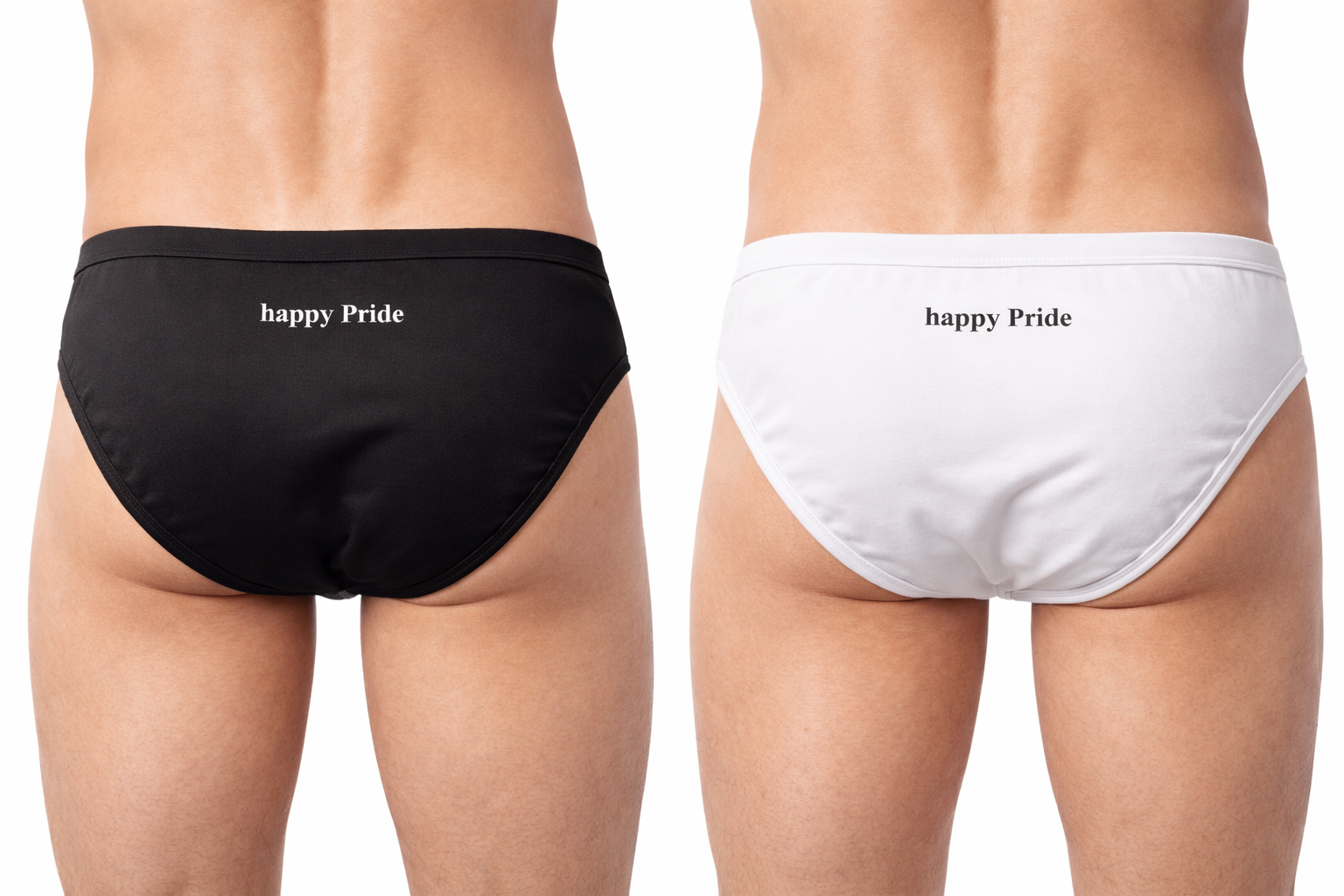 Schwarzer und weißer Slip mit Aufdruck "Happy Pride" in Rückansicht