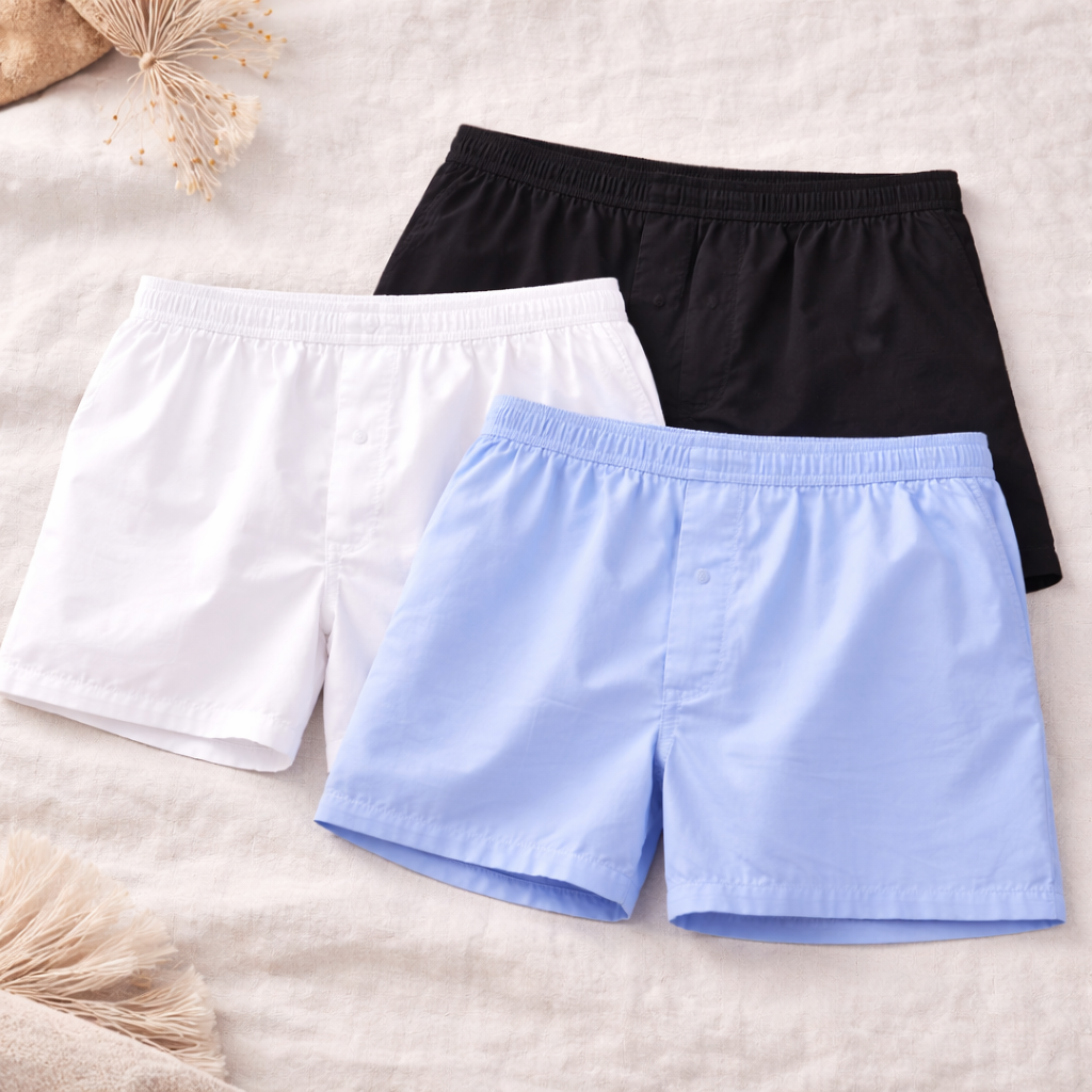 3 Boxershorts in schwarz, weiss, hellblau