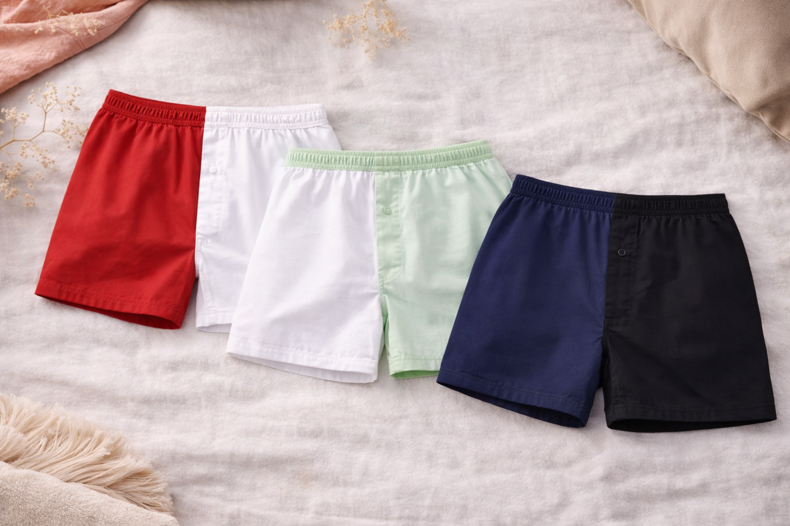 drei Boxershorts in Rot, Weiß, Mintgrün und Dunkelblau